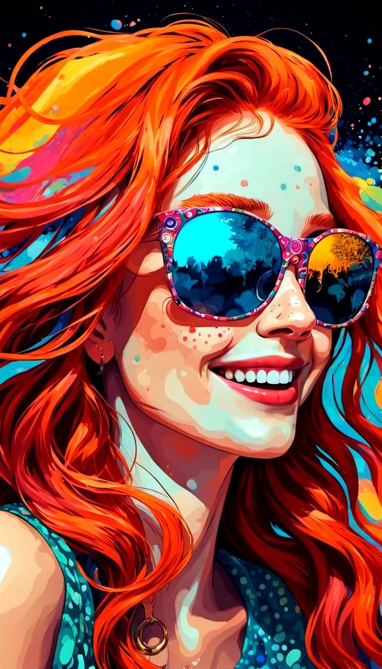Laughing Redhead Woman with Freckles in Psychedelic Style