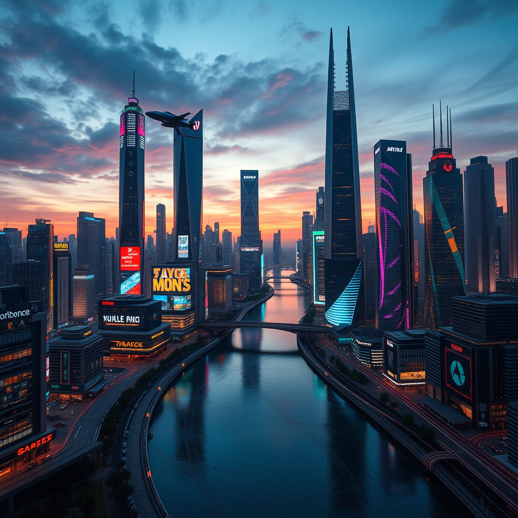 Futuristic Metropolis at Dusk: Holographic Neon Cityscape