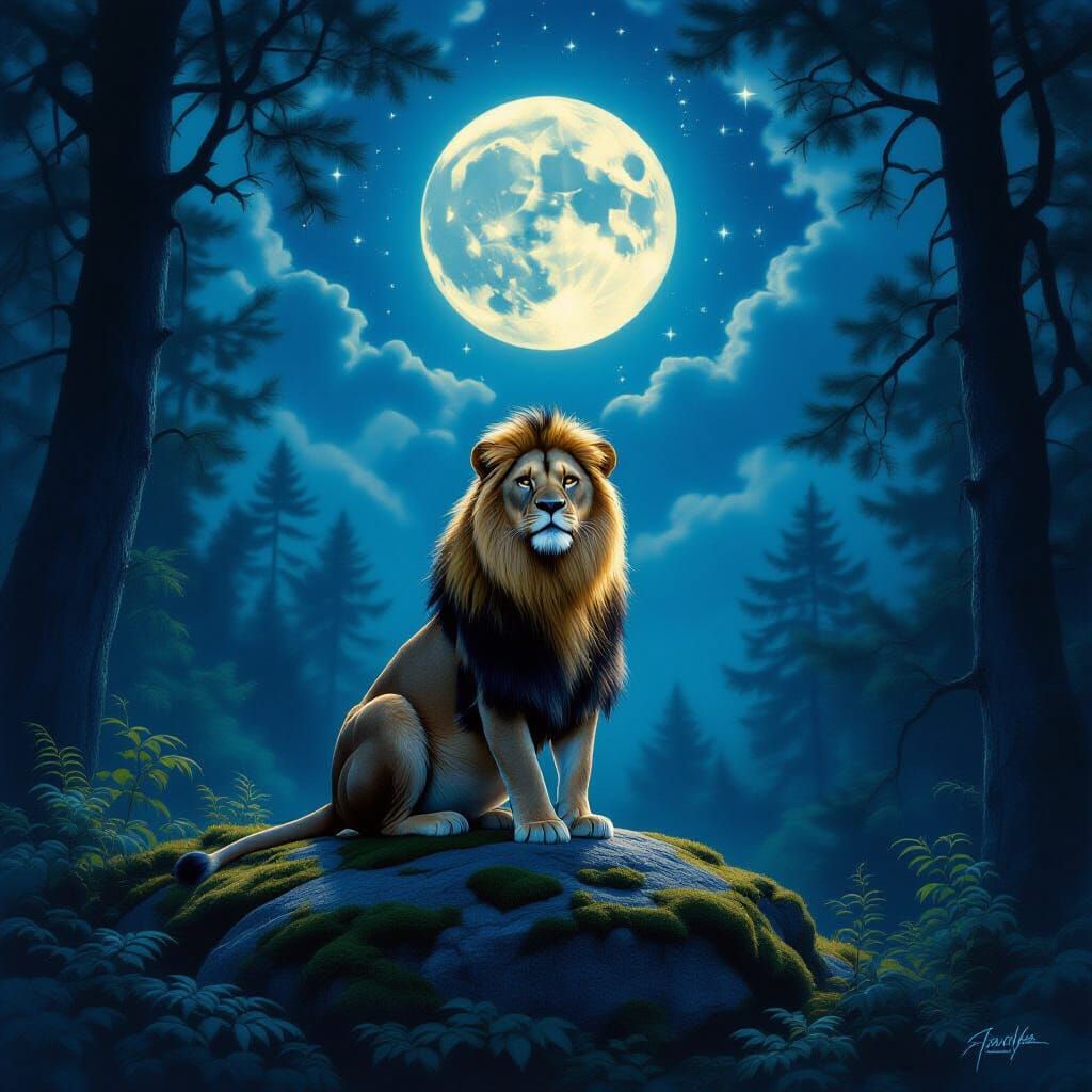 Lioness in Moonlit Forest: Hyper-Realistic Painting