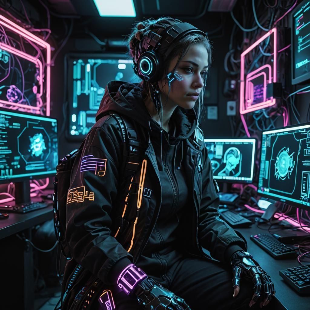 Cyberpunk Hacker in Neon Command Center