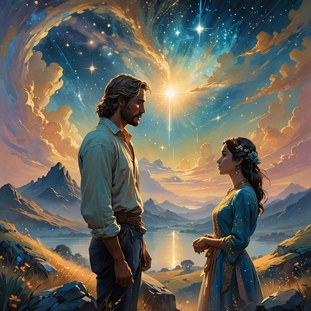 Ethereal Couple Sharing Dreams Under Starry Sky