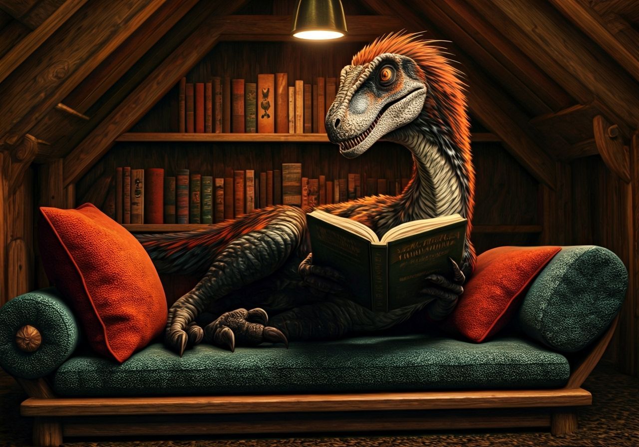 Utahraptor Reading in Cozy Treehouse Library