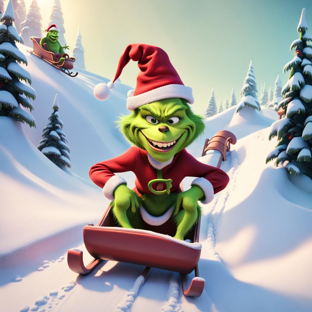 Grinch Sledding in Santa Hat: 3D Digital Art