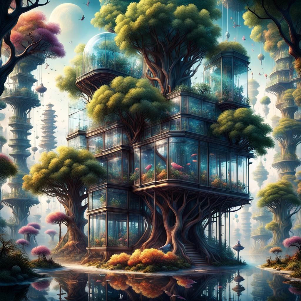 Utopian World: Glass Structures and Colorful Birds