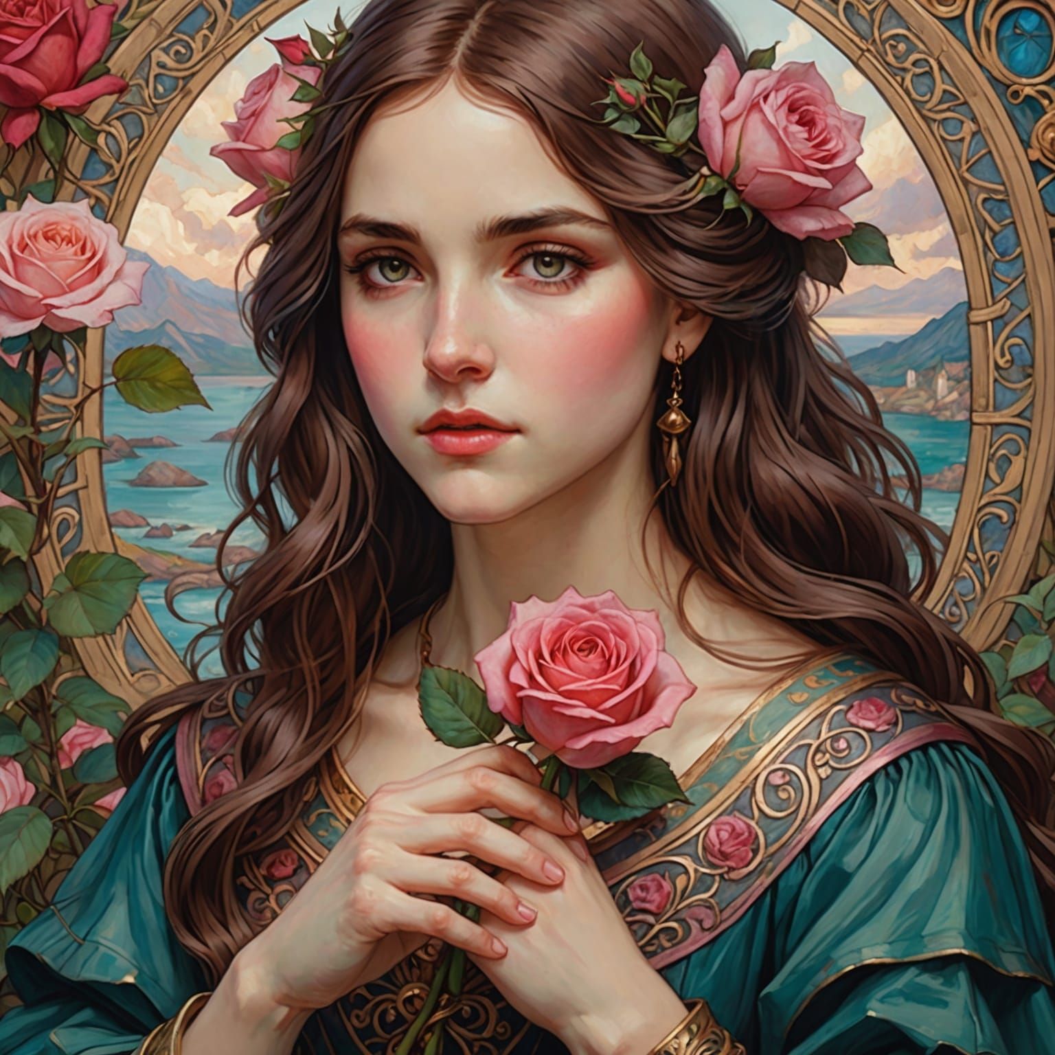 Rose Close-Up in Waterhouse and Anime Style