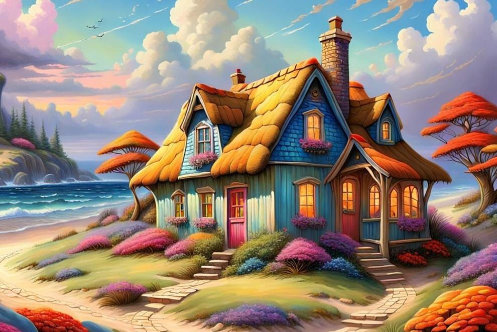 Colorful Cottage Beside Sandy Path, Fantasy Art