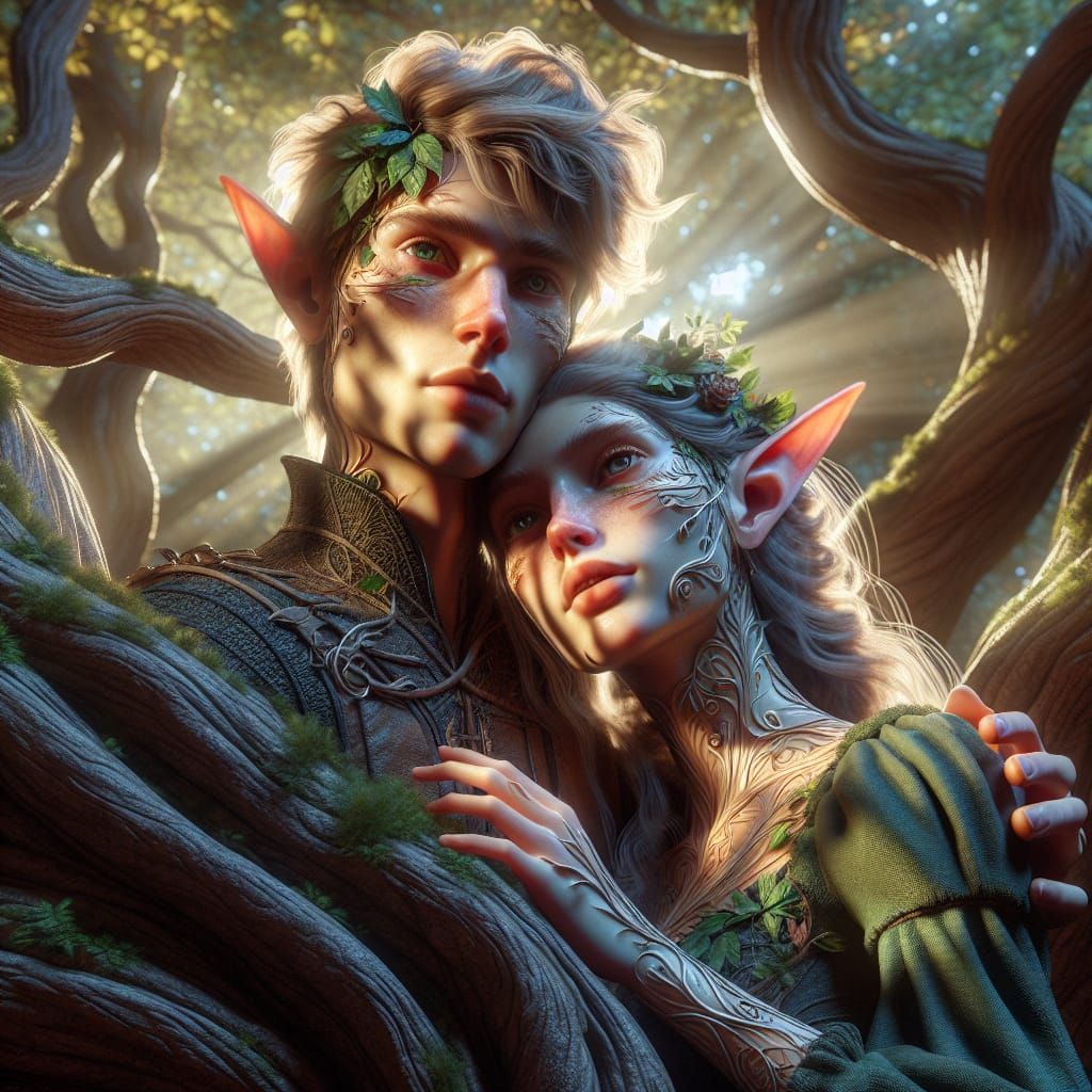 Enchanting Elf Couple in Ancient Tree Embrace