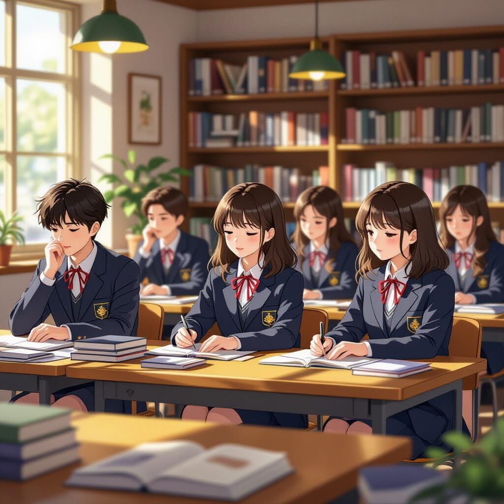 Korean Students Study in Cozy Library, Anime Style