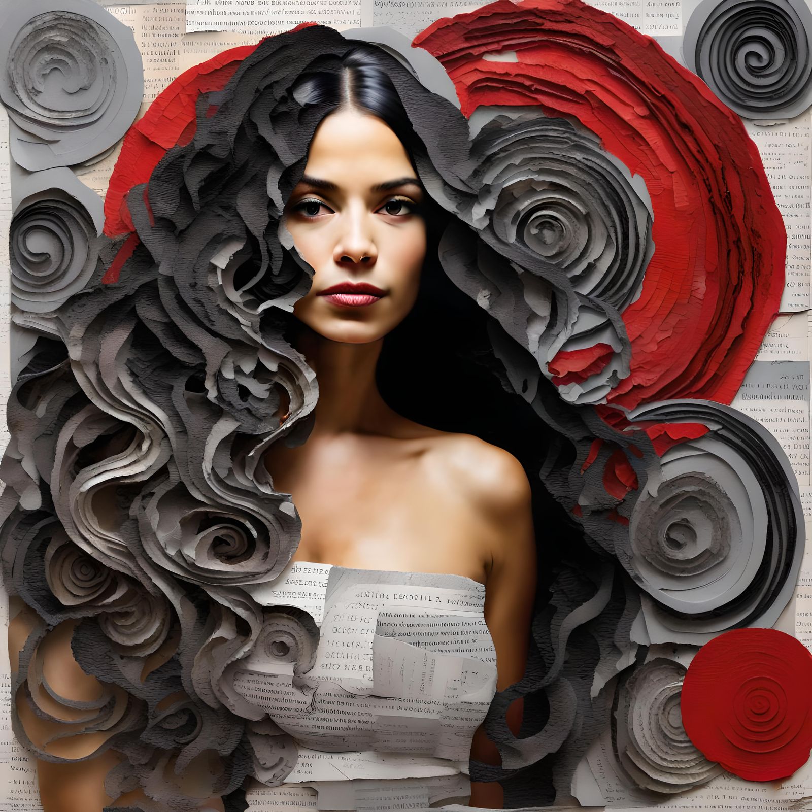 Latina Woman with Spiral Hair in Mixed-Media Collage
