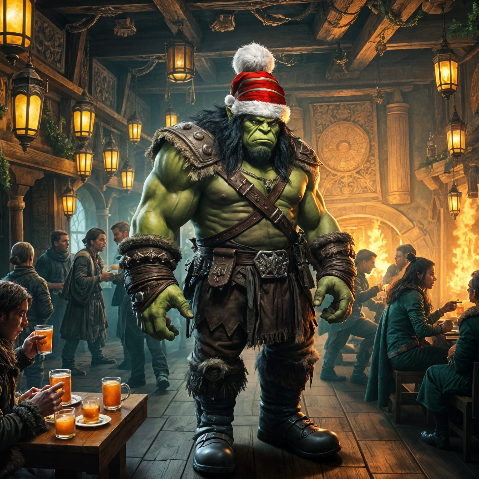 Epic Christmas Barbarian in a Vibrant Tavern Scene, in Cyber...