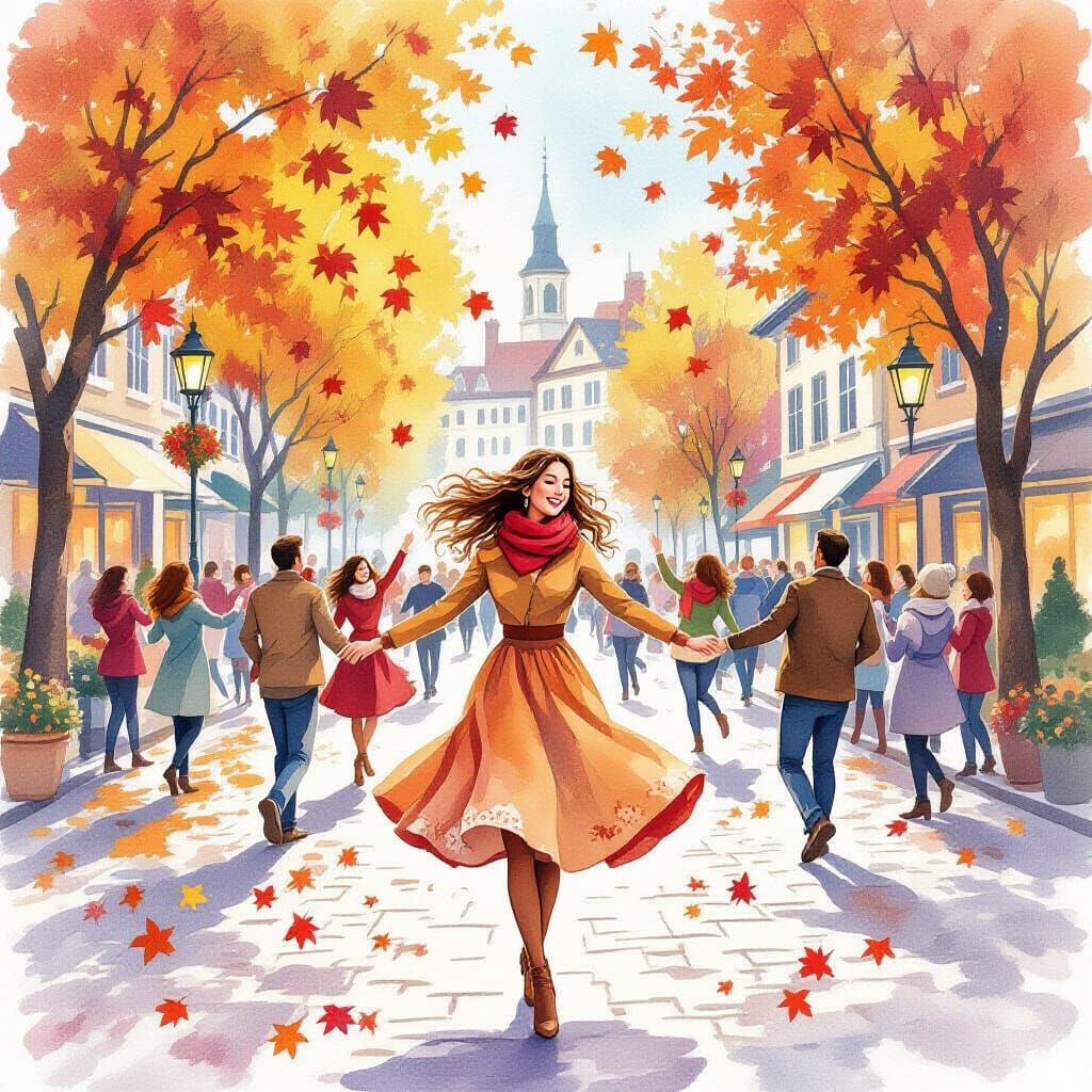 Autumn Watercolor: Woman Dancing in Fall Town Square