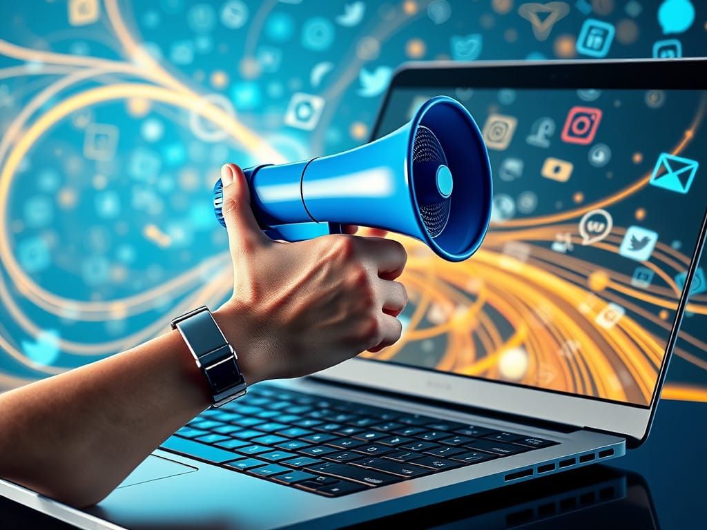 Digital Ambassador Emerging from Cyberpunk Laptop