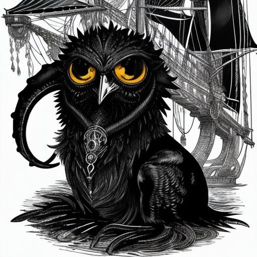 Detailed Ink Portrait: Raven-Squid Hybrid