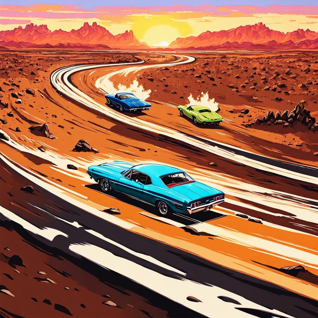 Classic Muscle Cars Race Through Desert Sunset