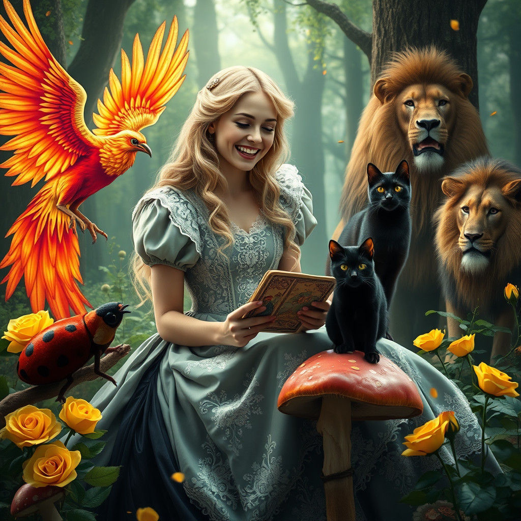 Alice in Wonderland Reads Tarot in Mystical Forest