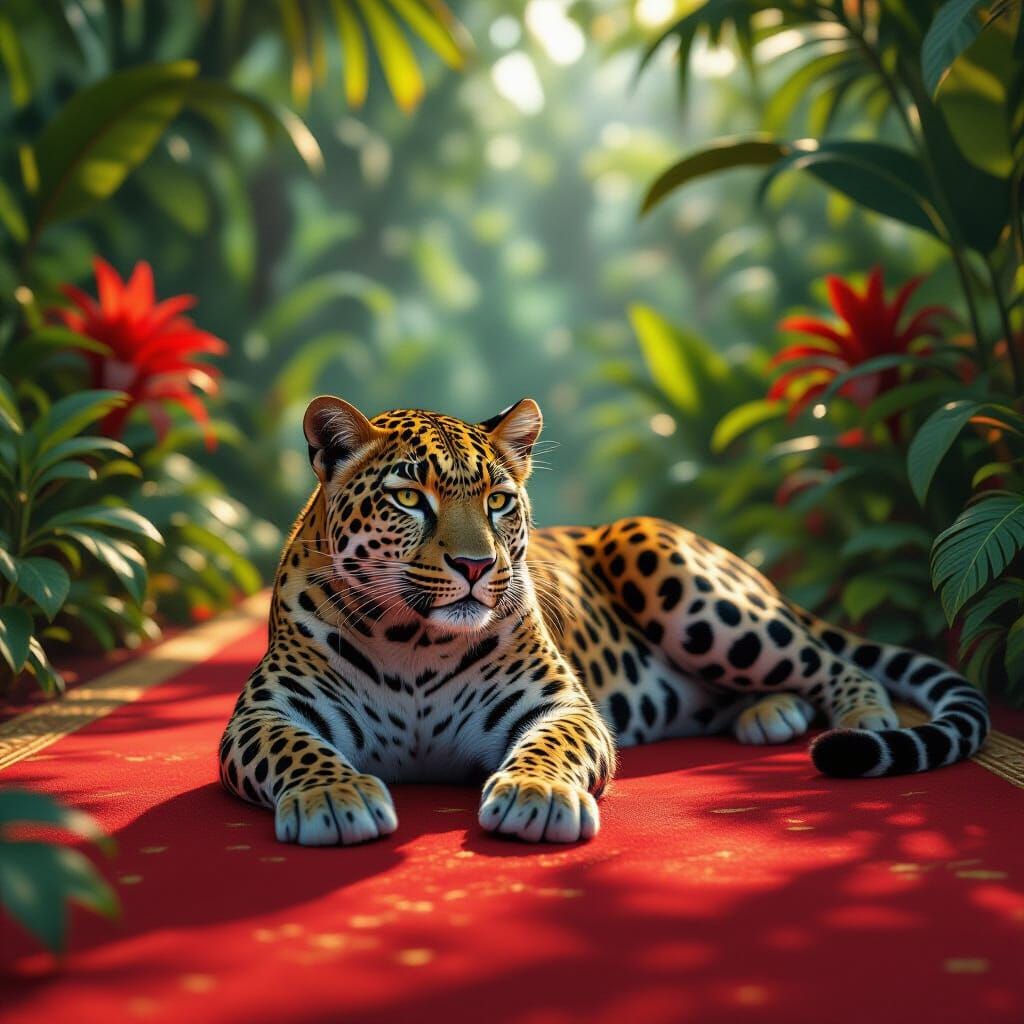 Leopard on Red Carpet in Fantastical Jungle