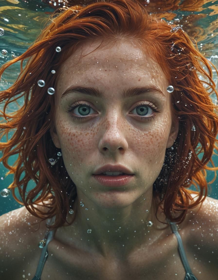 Red-Haired Woman Underwater: Hyperrealistic Editorial Photo