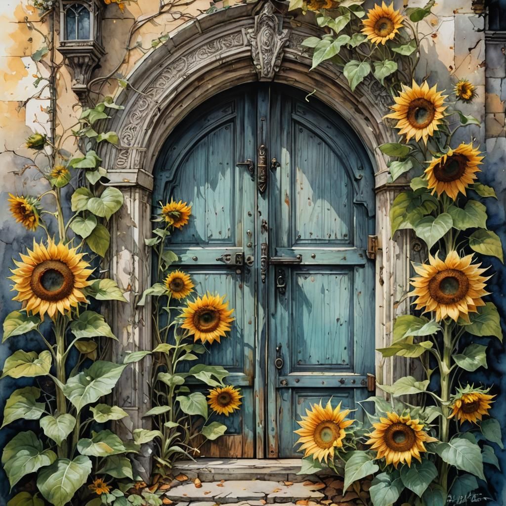 Mysterious Door: Brush Pen Drawing in Cubist Style