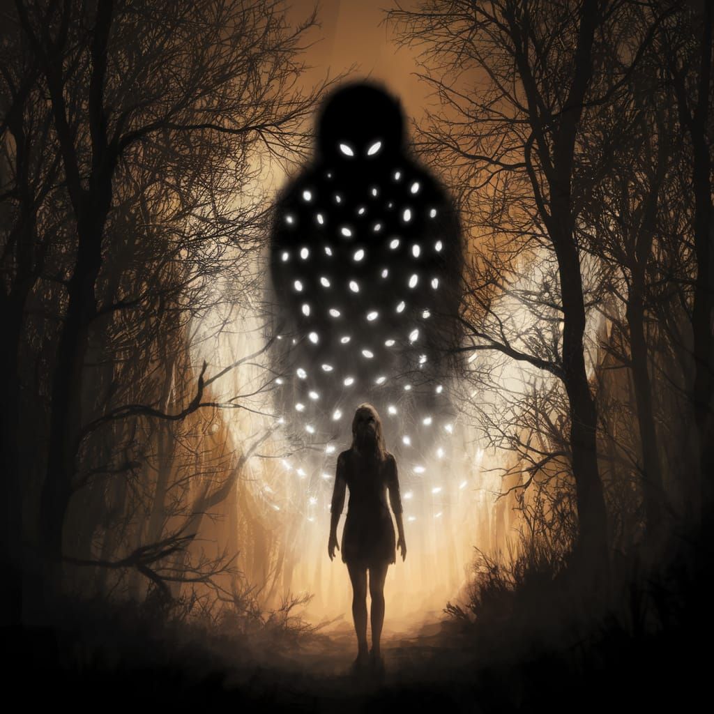 Ghostly Specter Haunts Terrified Woman in Dark Forest