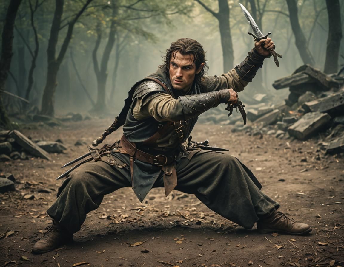 Half-Elf Rogue with Daggers in Fantasy World