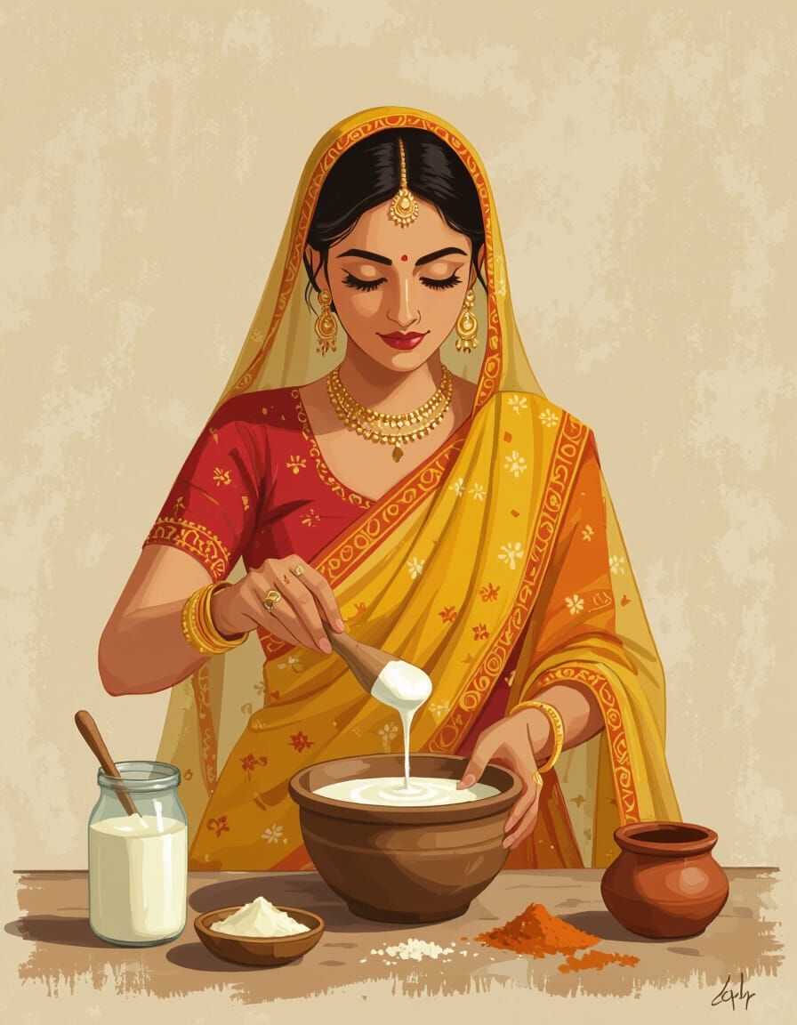 Punjabi Woman Making Lassi in Folk-Art Style