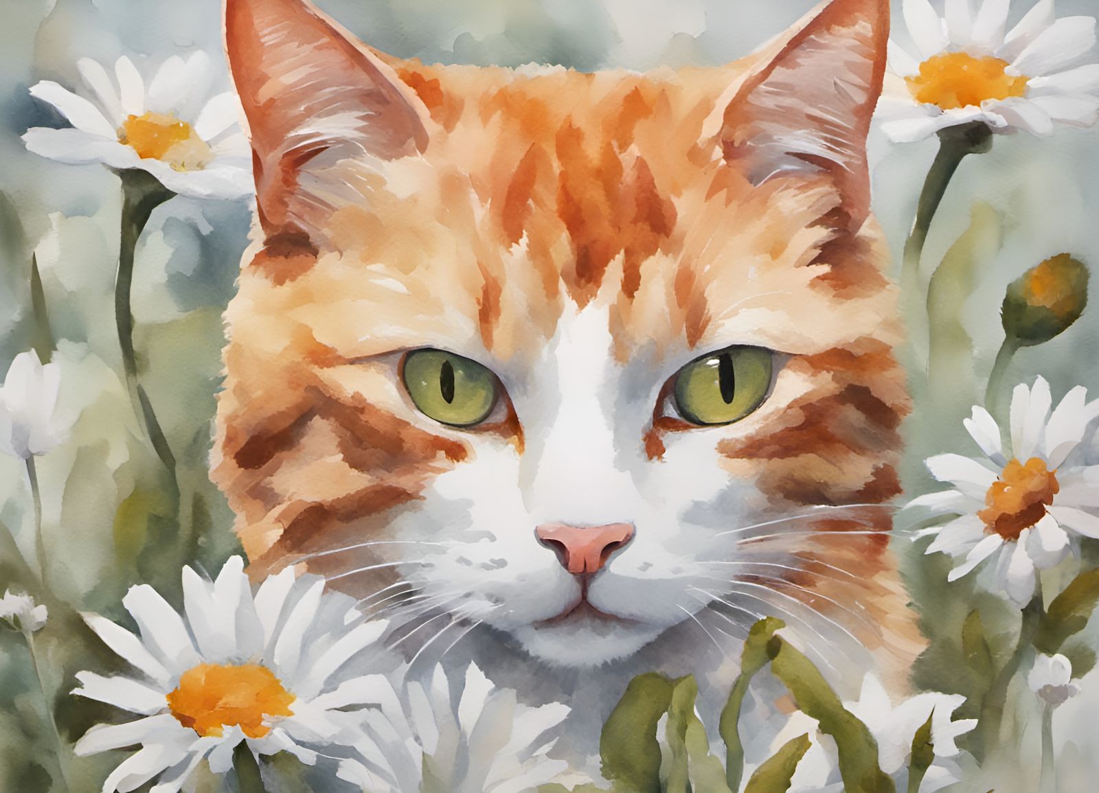 Ginger Cat in Daisies: Watercolor Gouache Painting