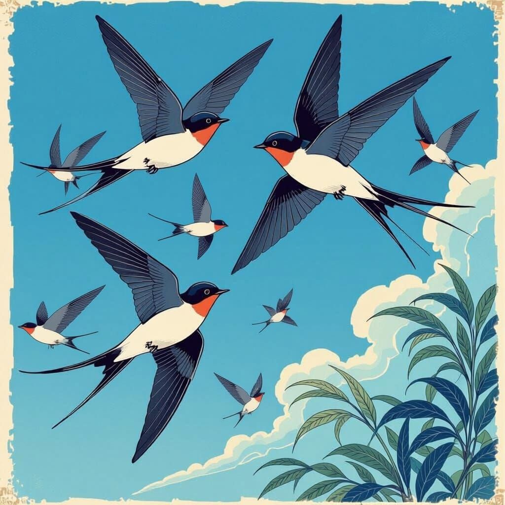 Stylized Swallows in Azure Sky: Japanese Woodblock & Art Nou...