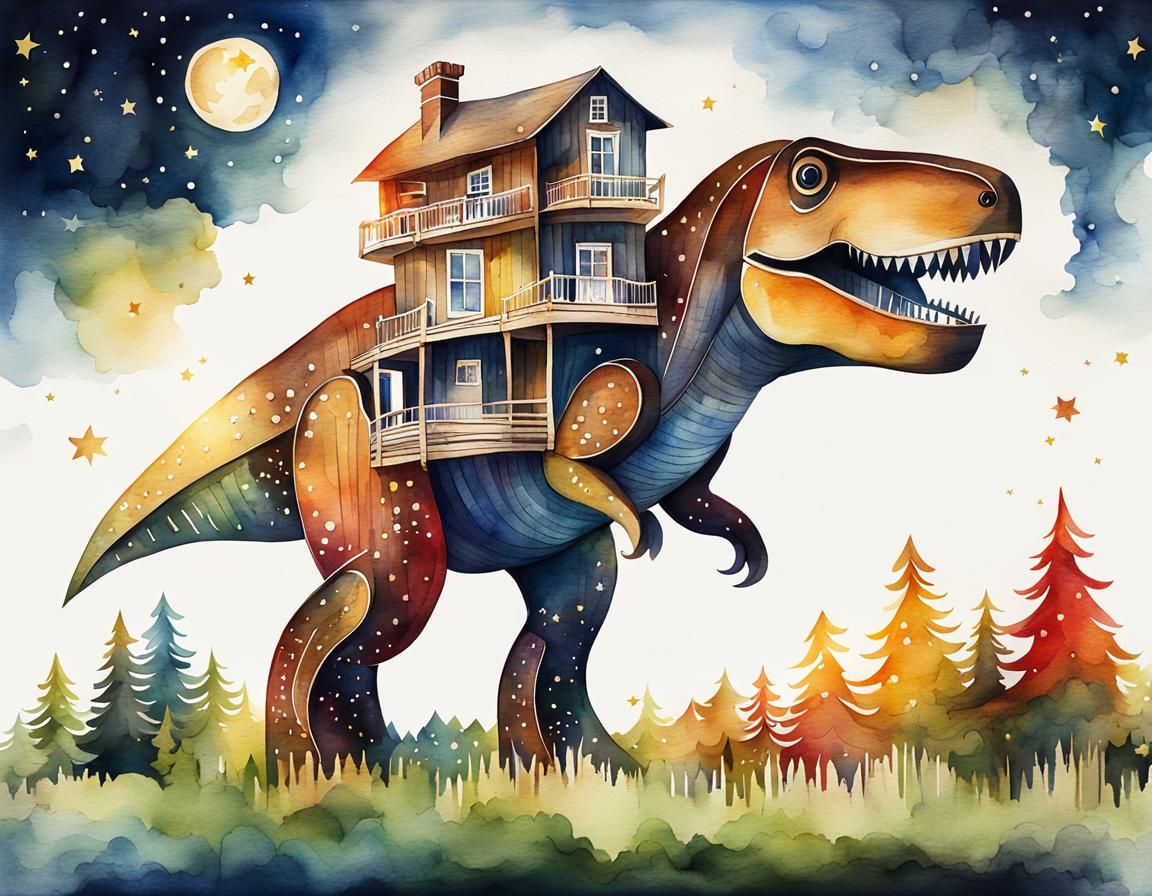 Watercolor Trex House Under Moonlight