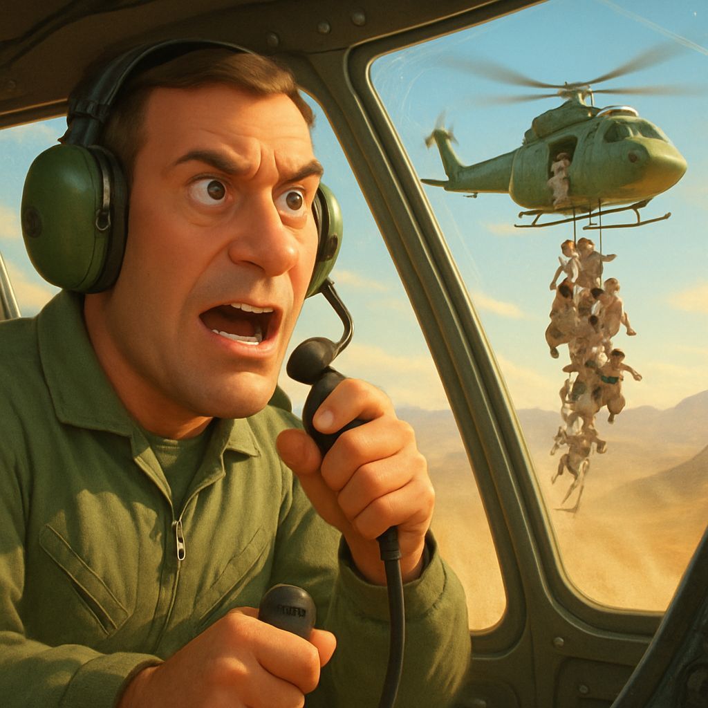 Pilot Urgently Announces in Helicopter Cockpit - Pixar Style