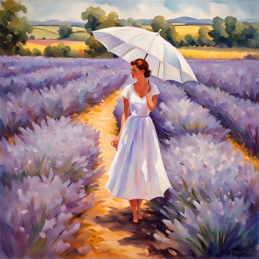 Woman in Lavender Field, Gouache Impressionist Style