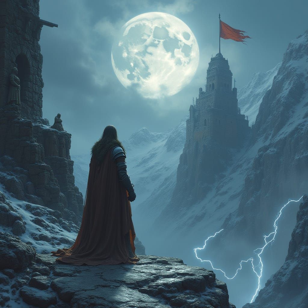 Sentinel at Crumbling Citadel Under Moonlight