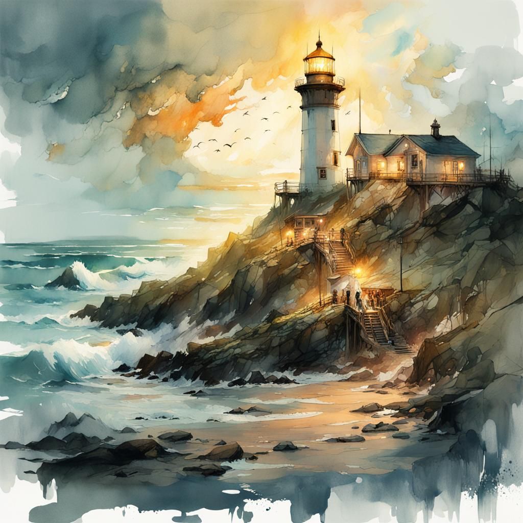 Lighthouse Sunset: Stylized Digital Watercolor Illustration