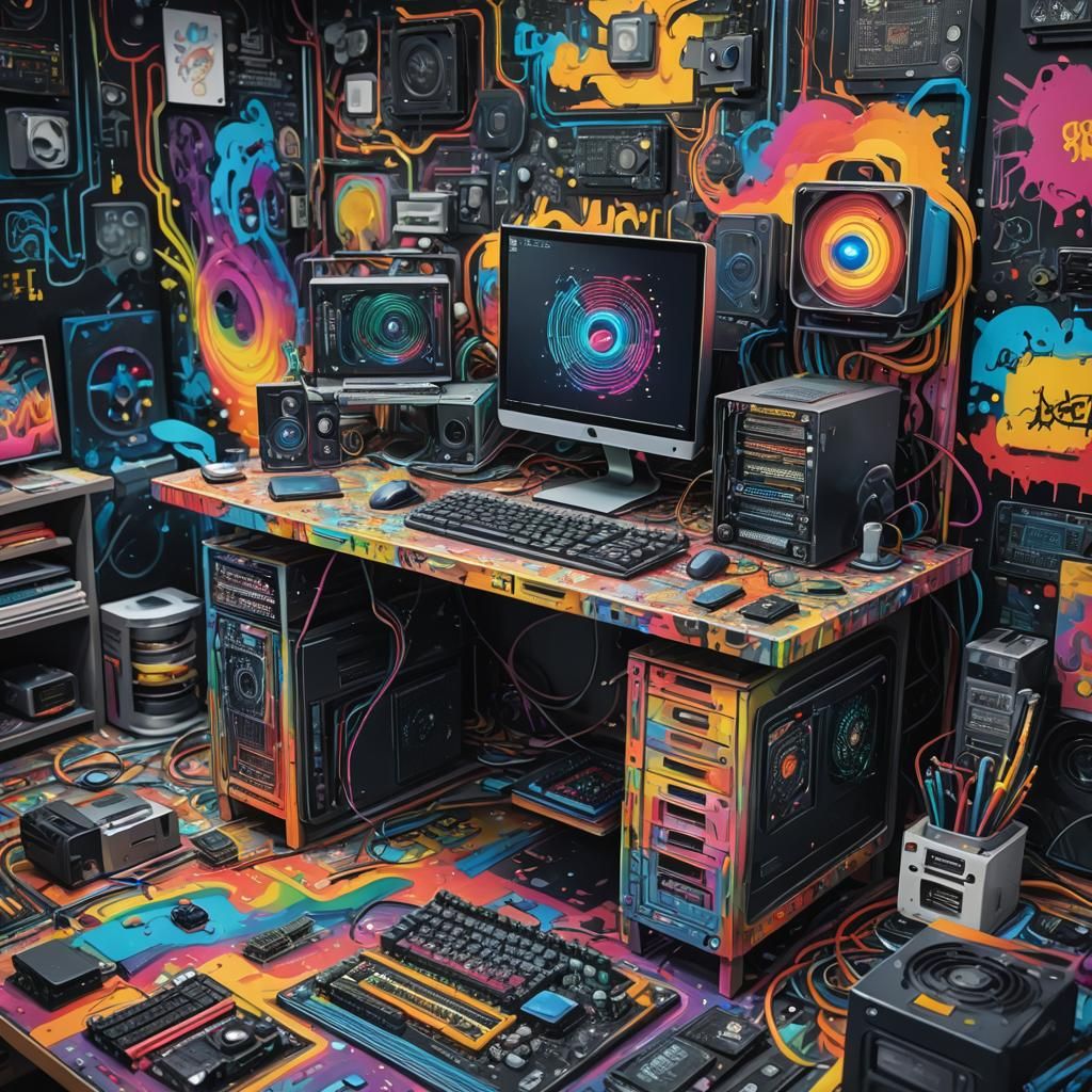 Rainbow Motherboard and Gaming PC in Graffiti Art Style