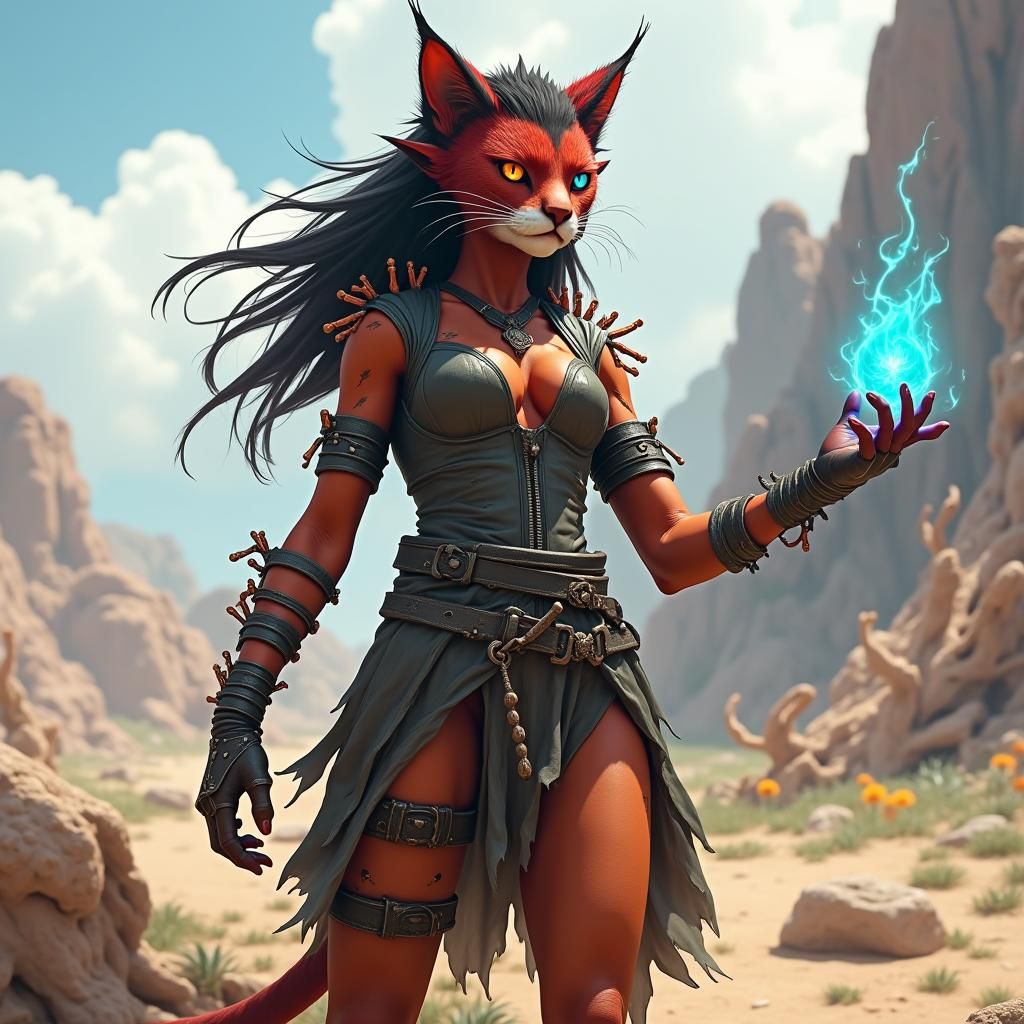 Mystical Tabaxi Sorceress with Heterochromia in Fantasy Art