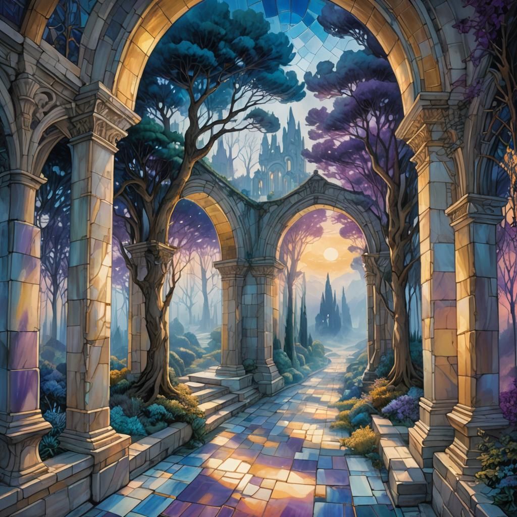 Misty Alley with Cypress Trees and Stained Glass