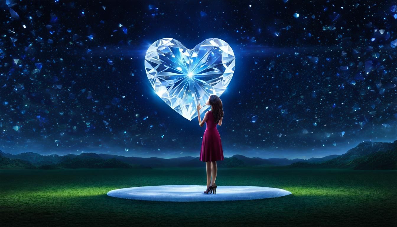 Woman Gazing at Floating Crystal Heart in Astral Field