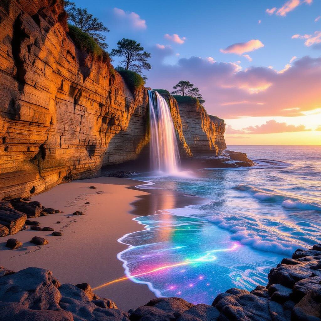 Golden Hour Beach with Rainbow Bioluminescent Waves