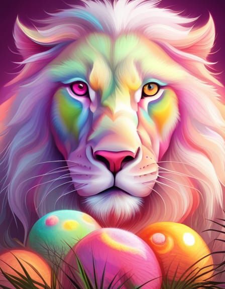Colorful Mystical White Lion in Candy Art Style