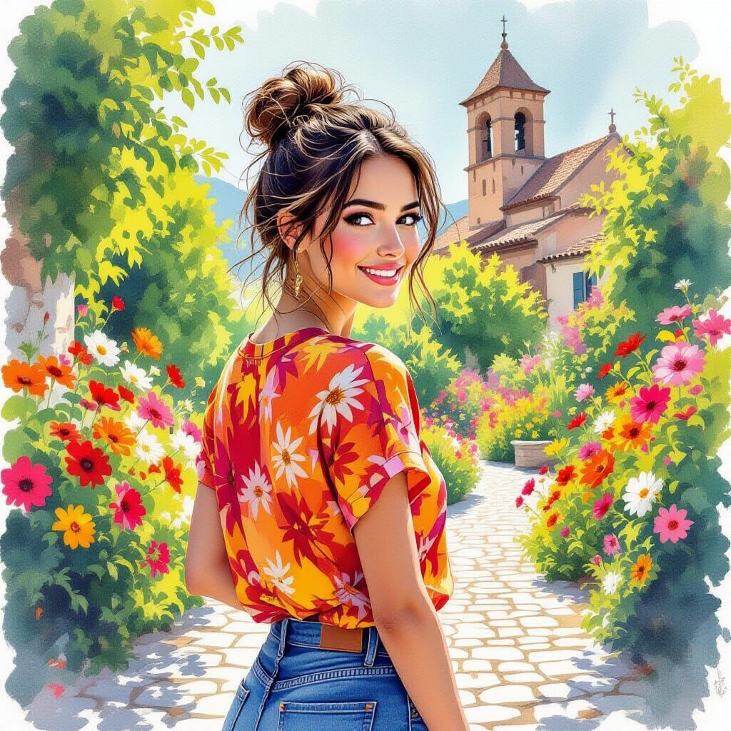 Woman in Garden with Church, Stylized Mixed-Media Art