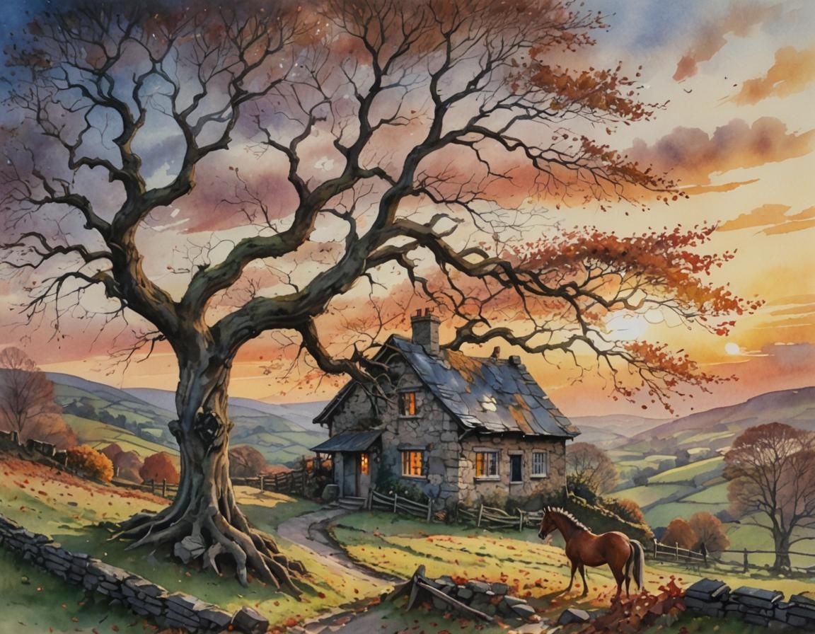 Sunset Over Cottage: Detailed Watercolour Painting