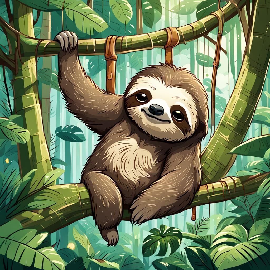 Chibi Sloth in Lush Rainforest Illustration