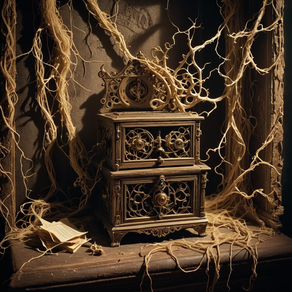 Gothic Surrealism: Haunted Music Box in Abandoned Room