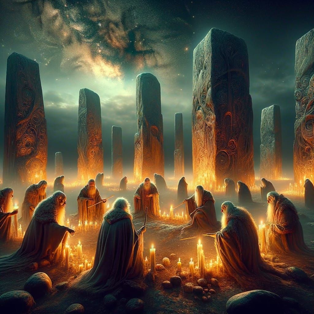 Ethereal Druid Ritual Under Night Sky: Digital Matte Paintin...