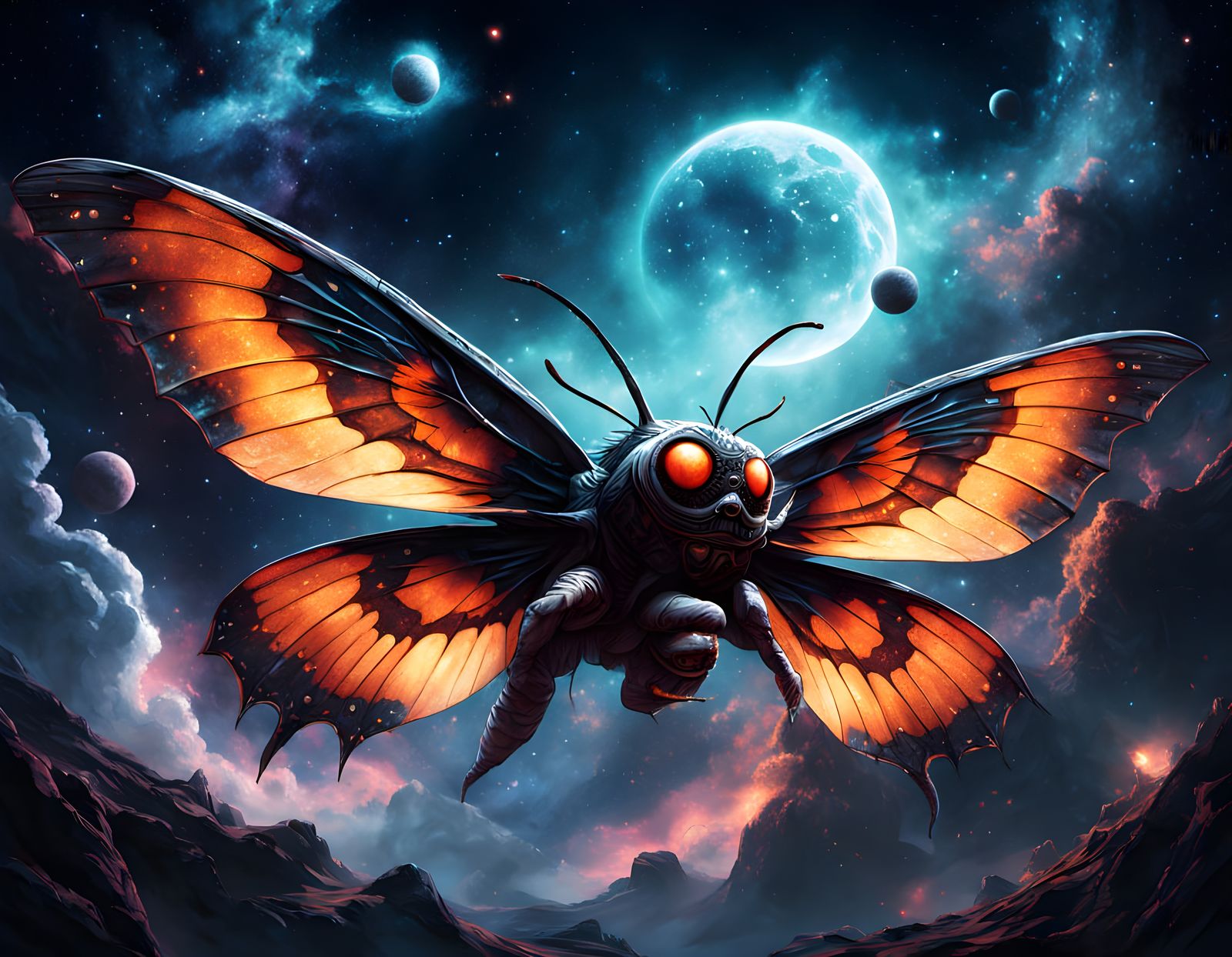 Colossal Mothra Emerges from Cosmic Nebula