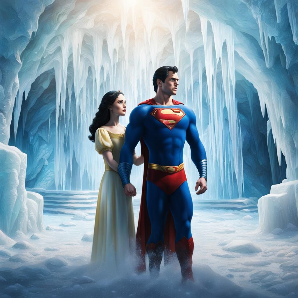Superman and Snow White in Hyperrealistic Ice Palace