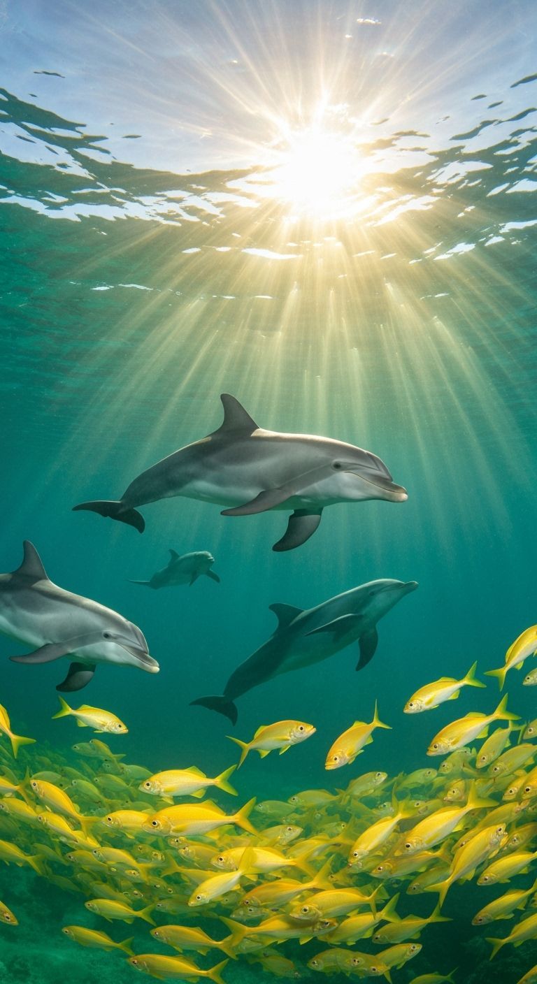 Dolphins Play in Sunlit Ocean with Golden Fish