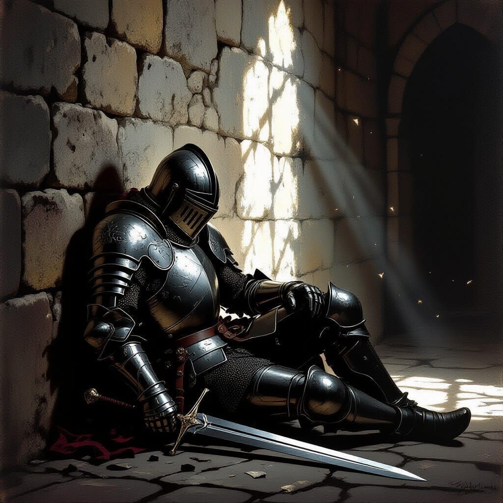 Knight's Defeat: Broken Sword in Castle Hall