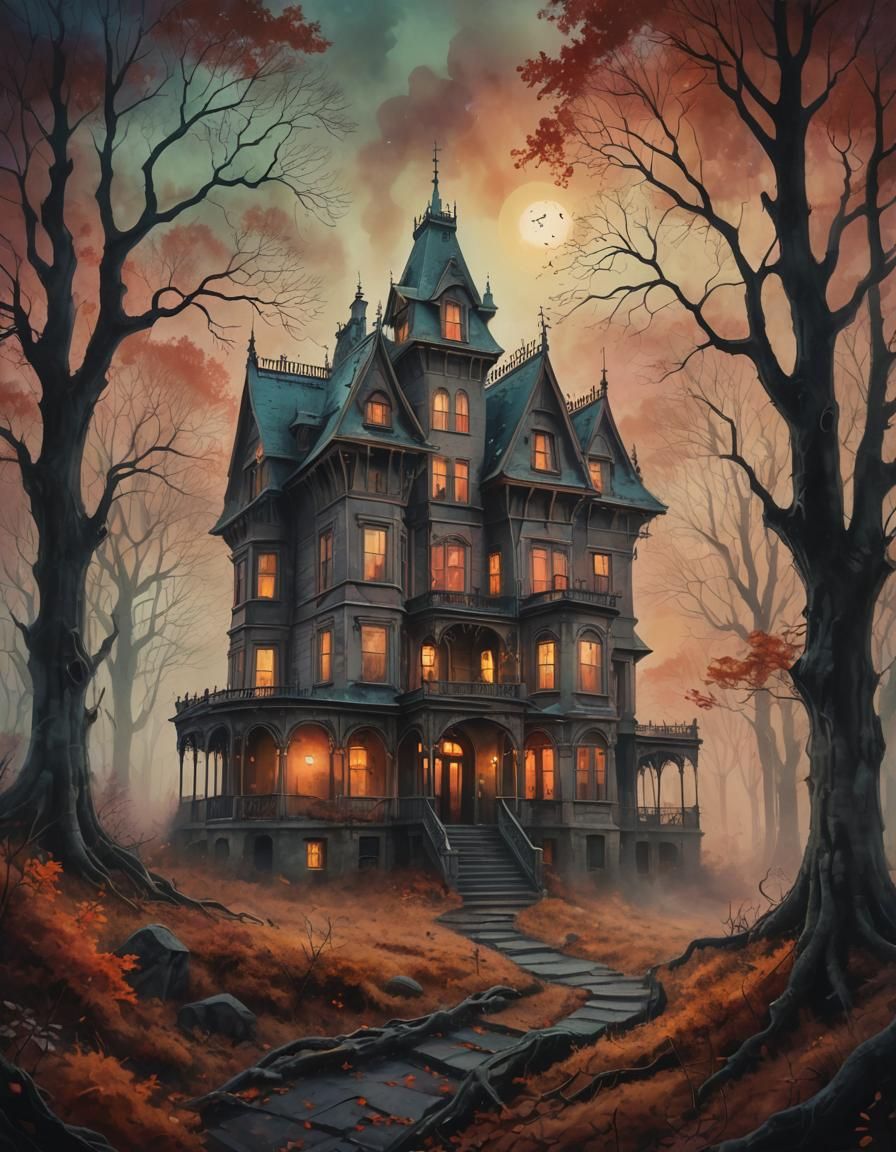 Eerie Mansion in Pop Surrealism Style