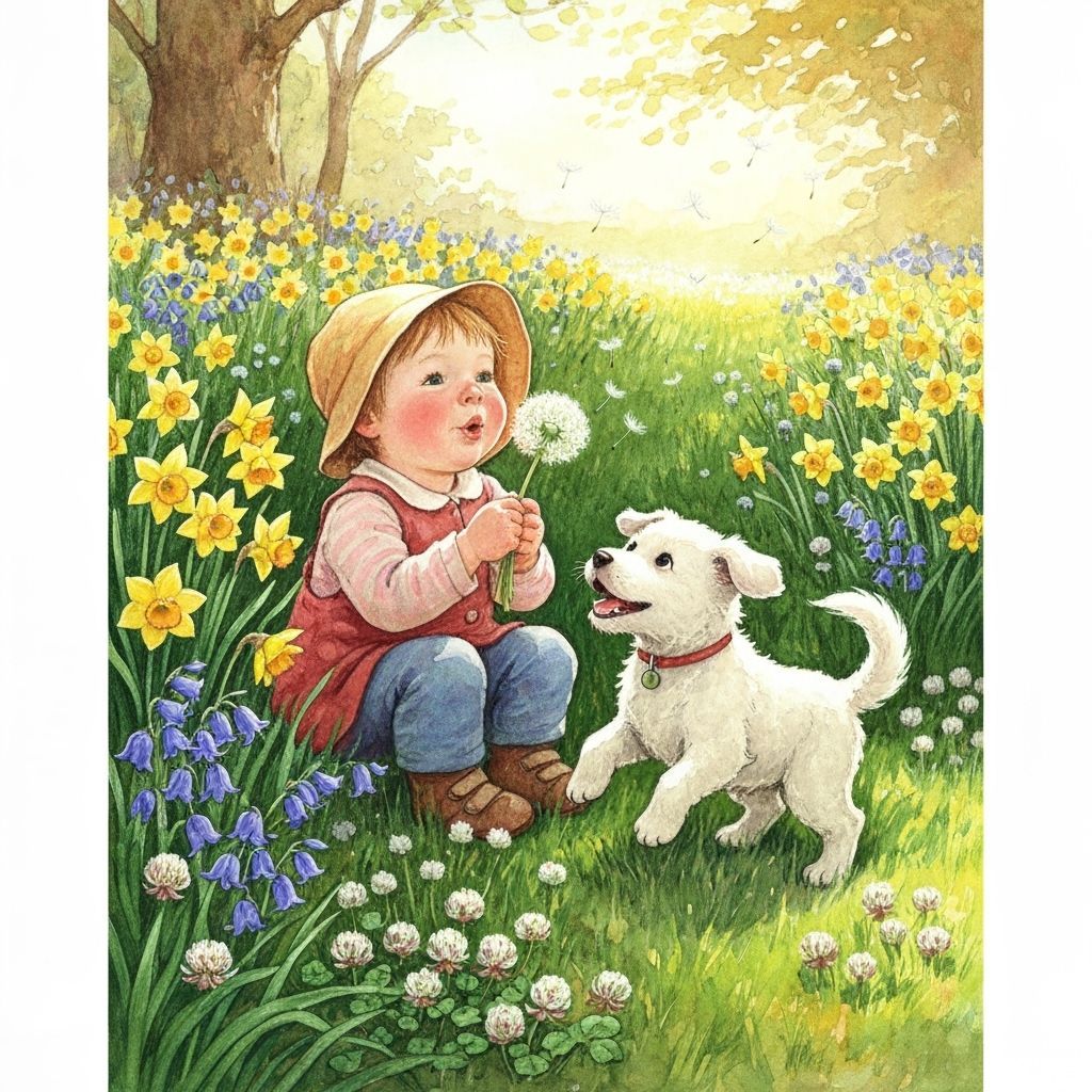 Toddler and Dog in Sunny Meadow, Impressionist Watercolor
