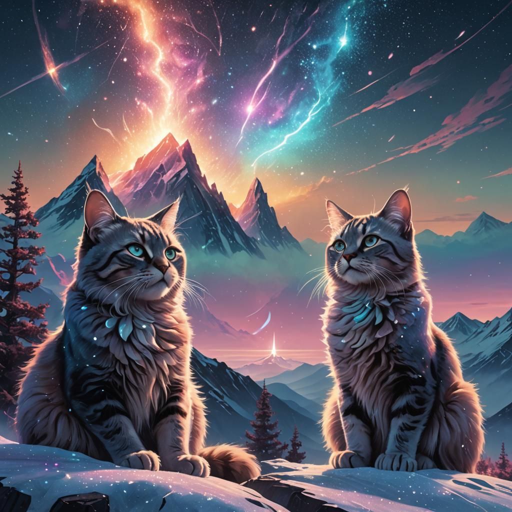 Majestic Galaxy Cats on Crystal Mountain
